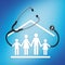 Corona virus and lockdown concept, stethoscope with family symbol icon, isolated on blue background