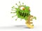Corona virus monster attacks to euro sign. 3D illustration, cartoon virus character