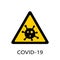 Coronavirus 2019-nCoV. Corona virus attention icon. Yellow triangle sign isolated white background. Pathogen respiratory