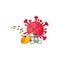 Coronavirus amoeba cartoon character playing music with a trumpet