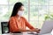 Coronavirus, Asian woman working from home wearing protective mask, Asia girl in quarantine for coronavirus wearing protective