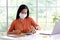 Coronavirus, Asian woman working from home wearing protective mask, Asia girl in quarantine for coronavirus wearing protective