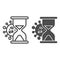 Coronavirus bacteria and hourglass line and solid icon. Rapid spread of virus outline style pictogram on white