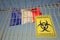 Coronavirus biohazard sign with flag of France as a background. French Quarantine, conceptual 3D rendering