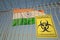 Coronavirus biohazard sign with flag of India as a background. Indian Quarantine, conceptual 3D rendering