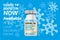 Coronavirus Booster Vaccine now available - Book now at your local vaccination centre, COVID-19 vaccine bottle on a blue