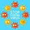 Coronavirus cartoon characters round frame on blue background