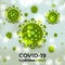 Coronavirus cells green bacterial on a color medical vector background with typography.