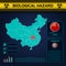 Coronavirus in China. Template with silhouette of coronavirus molecule and graphic elements with icons for addition statistics.