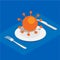 Coronavirus concept. 3d isometric table appointments in blue color. Knife, fork, and plate with big orange virus