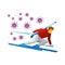 Coronavirus concept. Cartoon biathlon - sportsman going skiing fast with a rifle behind his back. Lot of viruses follow him