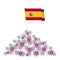 Coronavirus concept. Heap of viruses and Spain flag at the top. Victory over the disease.