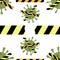 Coronavirus concept, molecule, barricade tape. Seamless pattern.