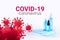 Coronavirus COVID-19 that Built by molding clay painted has surgical masks and alcohol hand sanitizer gel for hygiene spread
