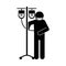 Coronavirus covid 19, patient with protective mask and iv stand medication, health pictogram, silhouette style icon