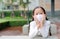 Coronavirus covid-19 and pollution protection with mask concept. Portrait of asian little child girl wearing mask to protect