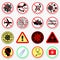 Coronavirus COVID-19. Set of prohibition and warning signs. Biohazard danger alert stickers