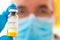 Coronavirus Covid-19   Vaccine. Doctor weared protect mask  portrait. Medicine bottle for injection medical vials for vaccination