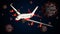 Coronavirus or covid-19 virus cells with airplane in flight 3D rendering illustration. Travel, aviation transport and