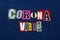 CORONAVIRUS COVID-19 word text collage, worldwide pandemic flu virus, colorful letters on blue denim