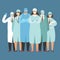 Coronavirus doctor nurse medic wear medical protection mask safety standing together characters group flat design vector