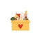 Coronavirus donation food. Donation box with heart. Box with different types of food supplies.