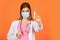 Coronavirus epidemic from china. selective focus. woman doctor use syringe. nurse make injection in respirator mask