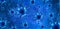 Coronavirus or flu virus blue background, 3d illustration, SARS-CoV-2 coronavirus pathogen germs under microscope in cell. Banner