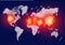 Coronavirus foci on world map, COVID-19 2019-nCoV virus spreading around planet, banner for breaking news about corona