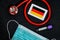 Coronavirus in Germany, Europe, surgical mask with coronavirus, Respiratory, test tube and Germany, Deutschland national flag