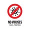 Coronavirus icon with red prohibit sign. `No viruses` label - all clear.