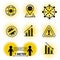 Coronavirus icons. Line black icons with yellow spay halftone. Keep distance 1 meter. Business losses