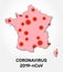 Coronavirus infection in France. France map with random microbe cell symbols.