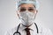 Coronavirus. Male doctor man in white medical gown sterile face mask gloves isolated