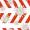 Coronavirus molecule, red and white barricade tape. Seamless pattern.