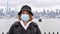 Coronavirus. New York. Woman with protection mask of virus epidemic and flu