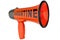 Coronavirus pandemic danger, covid 19 epidemic, orange megaphone white background isolated, quarantine alarm loudhailer