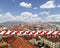 Coronavirus in Prague, Czech Republic. Cityscape of Prague from above. Covid-19 sign.