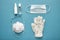 Coronavirus prevention disposable surgical masks, medical respirator, latex gloves, and pocket hand sanitizer gel for