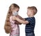 Coronavirus protection concept. Little boy puts on a mask to his sister isolated on white