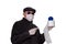 Coronavirus quarantine cocept. Man with surgical mask, hood, glasses and medical gloves shows a roll of toilet paper with an