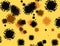 Coronavirus SARS-CoV-2. COVID-19. Virus, infectious pandemic disease illustration in black on yellow  background.