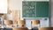 CORONAVIRUS - School closed - Empty classroom with high chairs and empty green blackboard / chalkboard