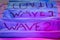 Coronavirus Second wave. Surgical Masks with Covid followed by Wave 1 and Wave 2 text under blue and red emergency lights