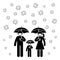 Coronavirus stick figure man, woman, children, kid icon sign symbol vector pictogram. Stickman family wearing mask under umbrella