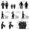 Coronavirus stick figure man, woman, children vector icon. Social distance rules in shop, wash hands, avoid crowd, elderly risk