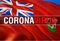 Coronavirus Text on Bermuda flag background. Coronavirus hazard and Infection in Bermuda concept. 3D rendering Corona virus