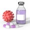 Coronavirus therapy. Pills for covid-19. Virus vaccine mockup. Red virus and pharmacy vial. 3d render isolated on white