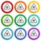 Coronavirus triangle warning sign, covid-19 caution vector icons, set of colorful flat design buttons for webdesign and mobile