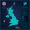 Coronavirus in United Kingdom. Graphic statistics spread coronavirus wiht icons and numbers. Wuhan virus 2019-nCoV on map.